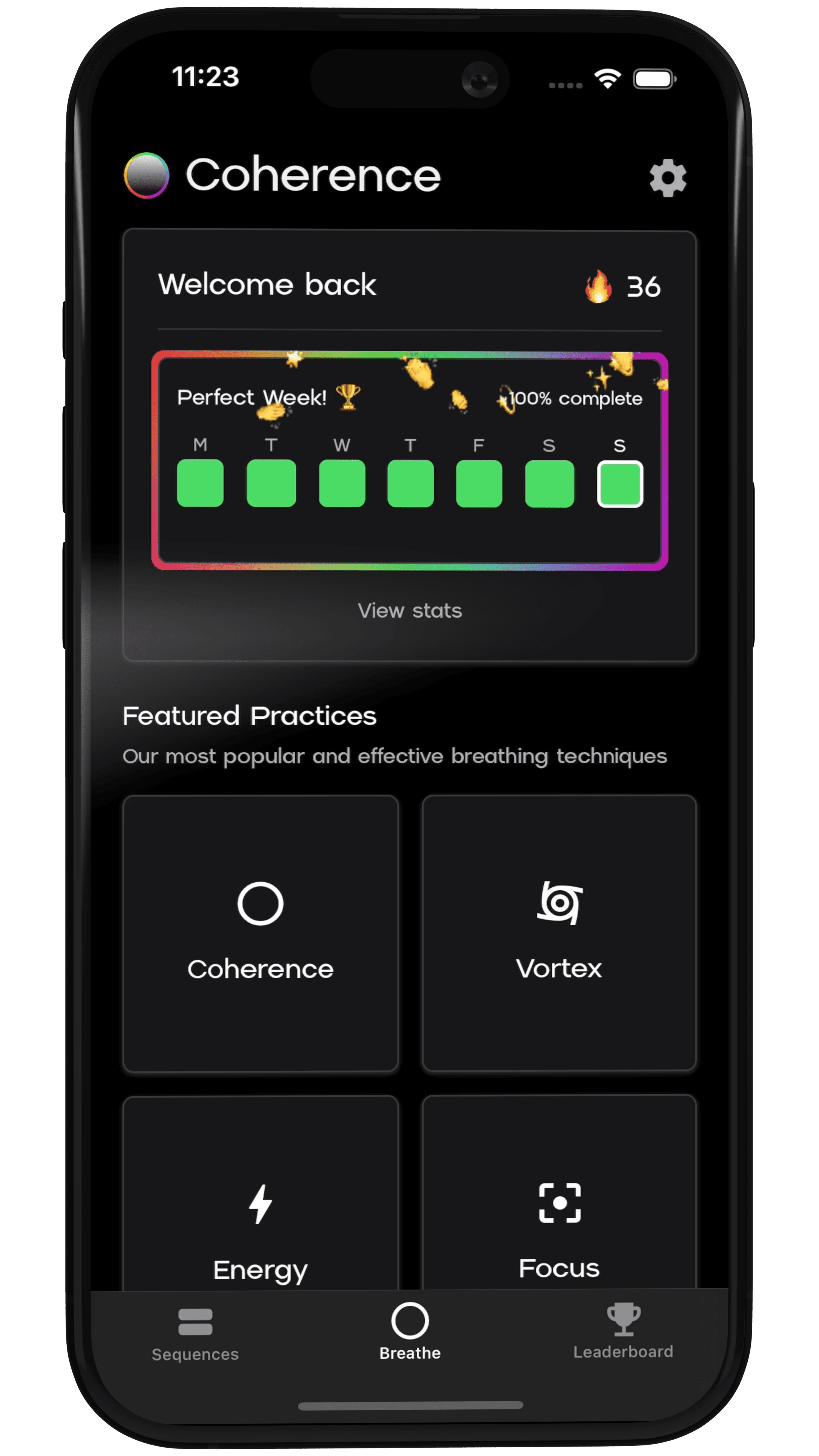 Coherence app interface showing breathing exercises